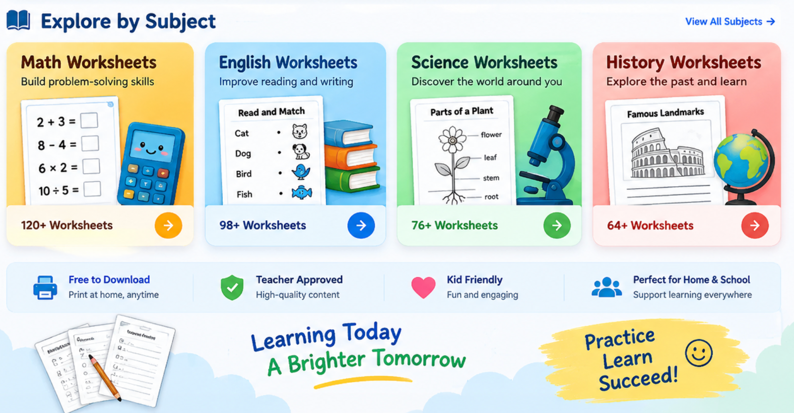 Explore by Subject with Math, English, Science and History worksheet cards, feature benefits and learning message