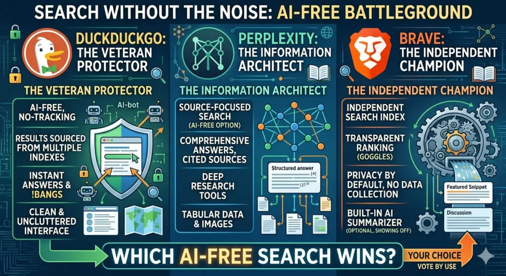 DuckDuckGo vs. Perplexity vs. Brave: Which AI-Free Search Wins?