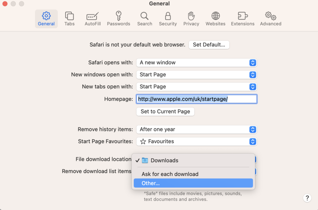 Changing the default download location on Mac in browser settings