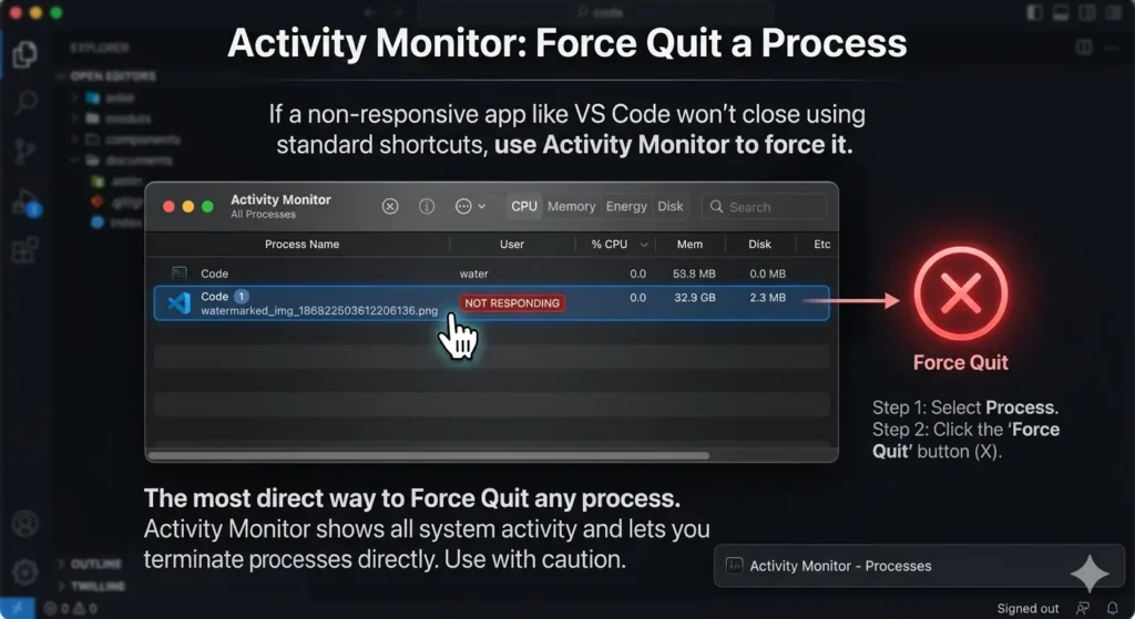 Using Activity Monitor to close an unresponsive application on Mac