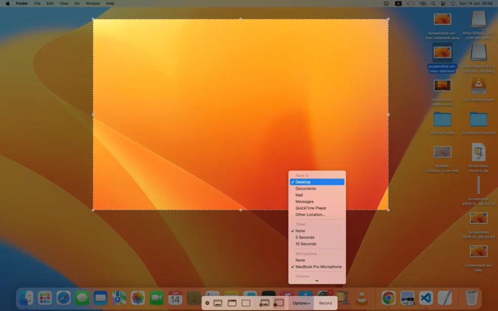 Changing the save location for a screenshot on Mac using the Options menu