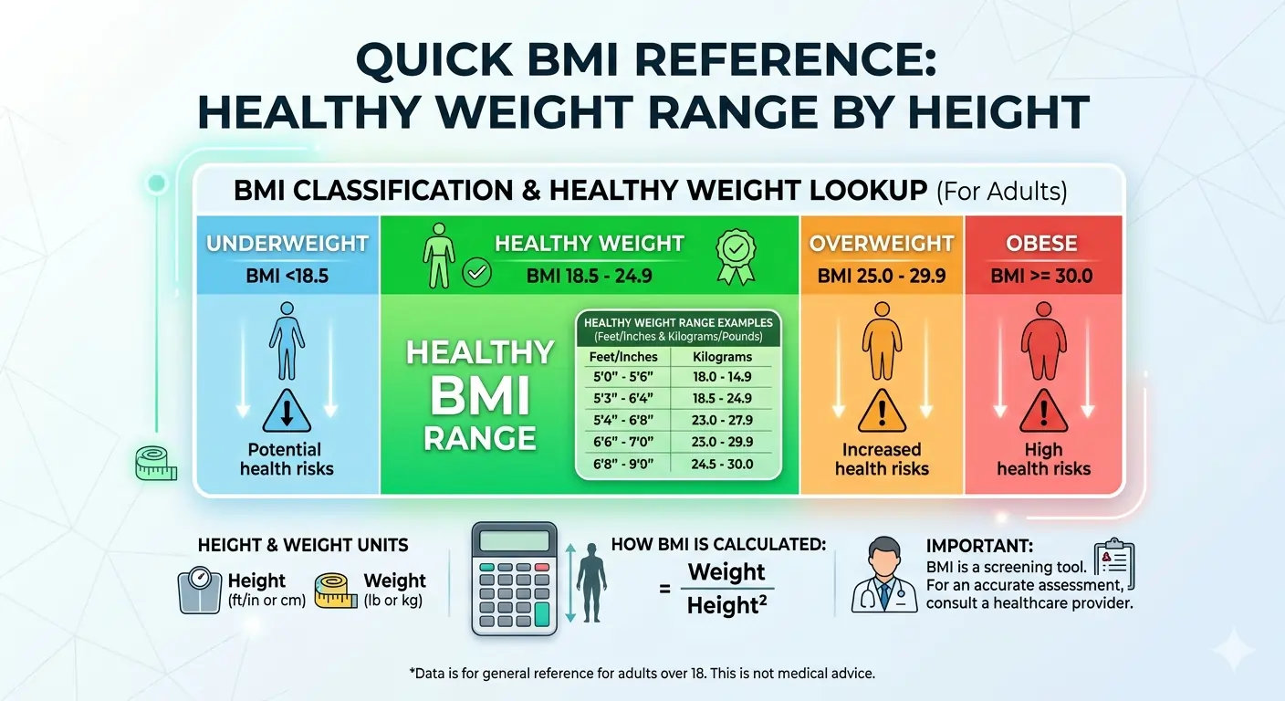 Healthy weight range chart by height for adults